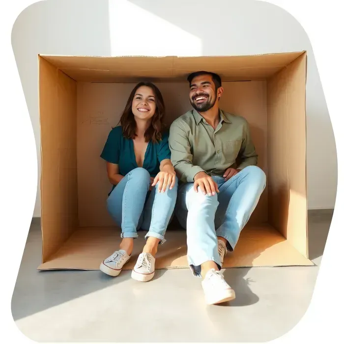 Two guys sitting on the floor of their apartment with Muval moving boxes